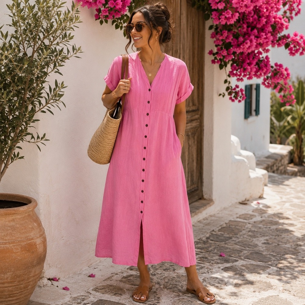 Pink Linen Blend Midi Dress Medium Button Front Vacation Resort Coastal Grandma